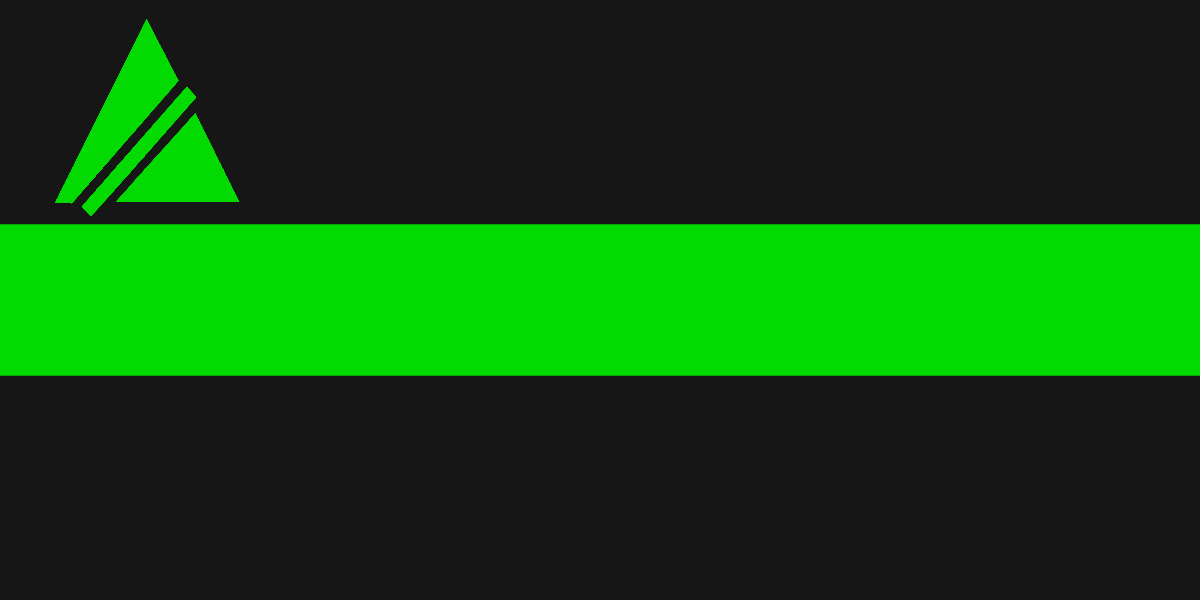 Flag of soulism: black background, horizontal green stripe in middle, green triangle in top left with diagnonal green line through it.